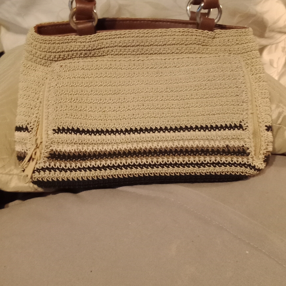 Cream and Brown Crochet Shoulder Bag with Leather Handles